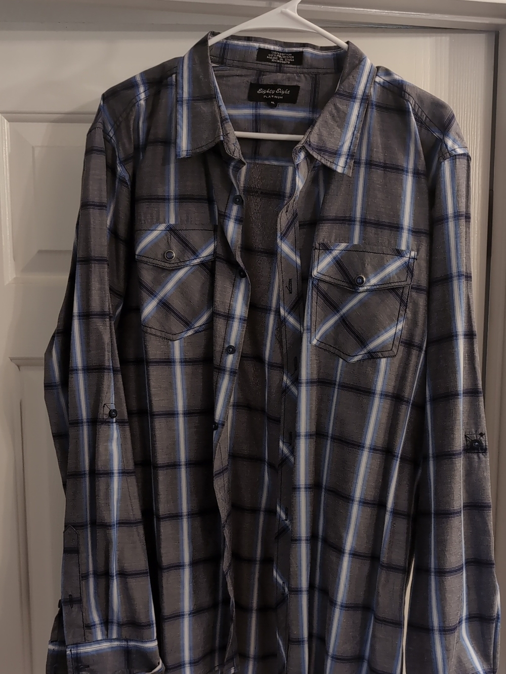 Eighty Eight Gray Plaid Button-Up Shirt with Blue Stripes